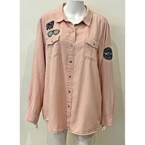 Karl Lagerfeld Womens Whimsy Poplin Shirt Size XL Pink Patches Paris With Love